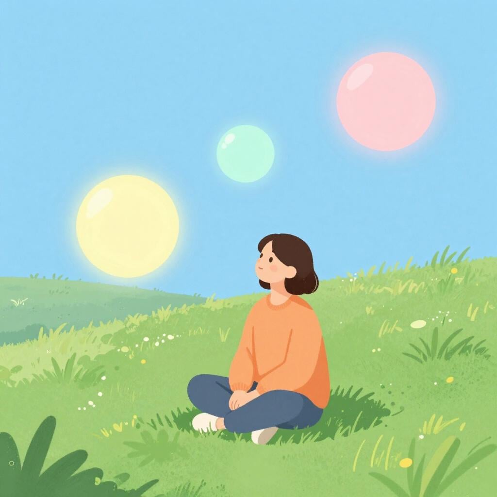 A calm person sitting in a peaceful garden, surrounded by soft glowing spheres of different colors representing balanced emotions.
