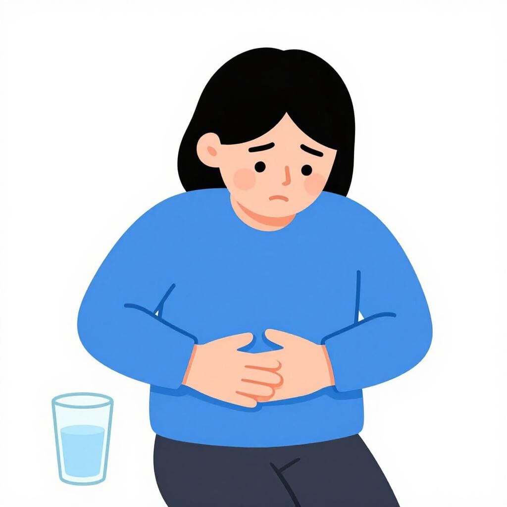 걱정스러운 표정으로 배를 잡고 의자에 앉아 있는 사람과 근처 테이블에 놓인 물 한 잔.
