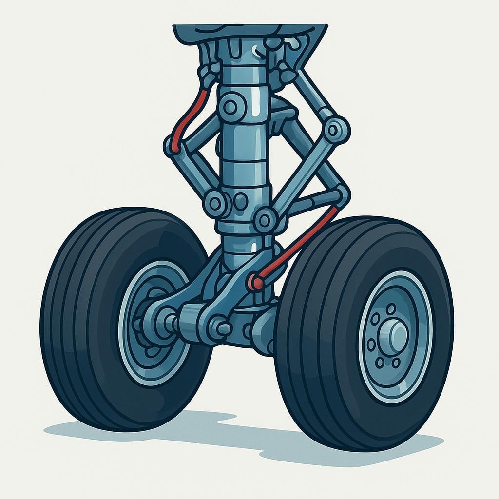 A close-up view of the sturdy, wheeled landing gear (undercarriage) extended beneath the wing of a large passenger airplane.