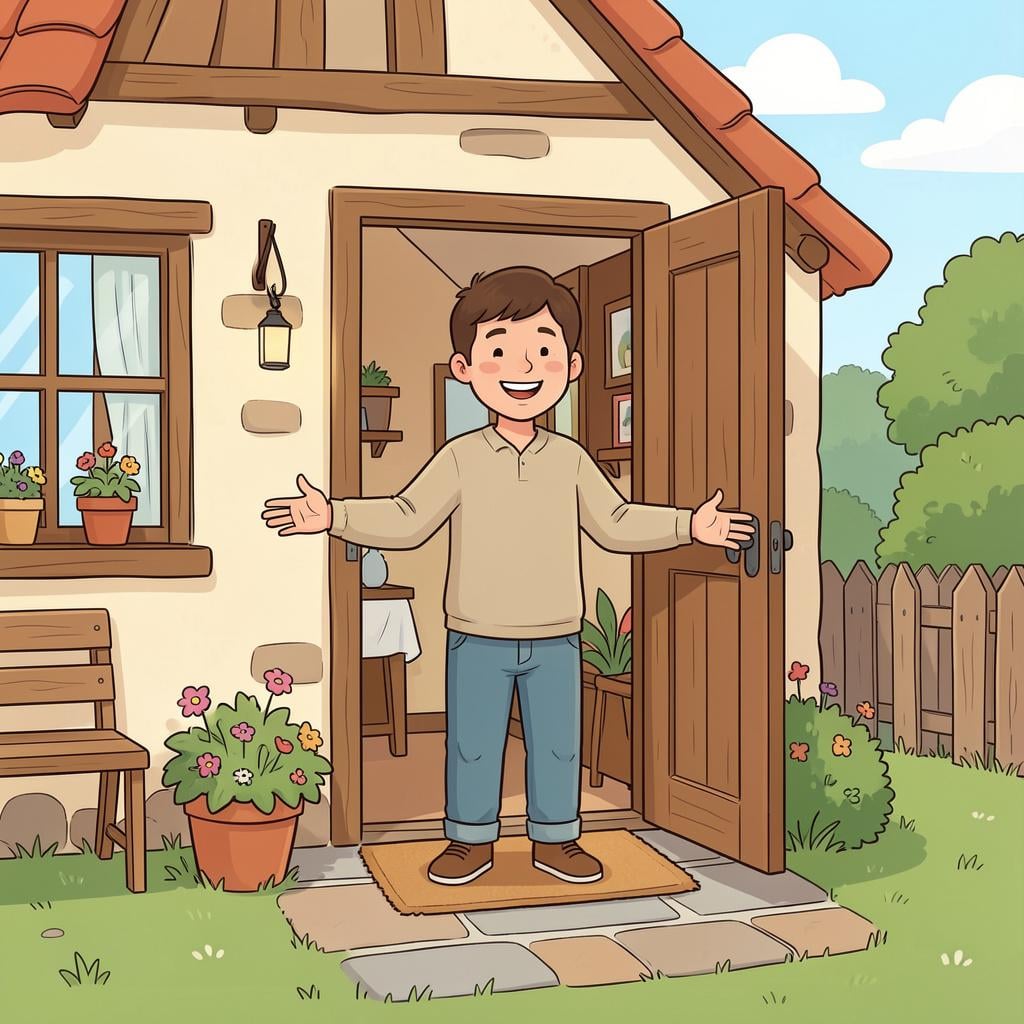 A friendly person standing in an open doorway with arms spread wide in a welcoming gesture.