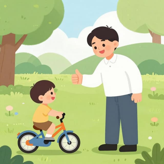 A friendly person smiling and giving a thumbs up to a child who is learning to ride a bicycle.