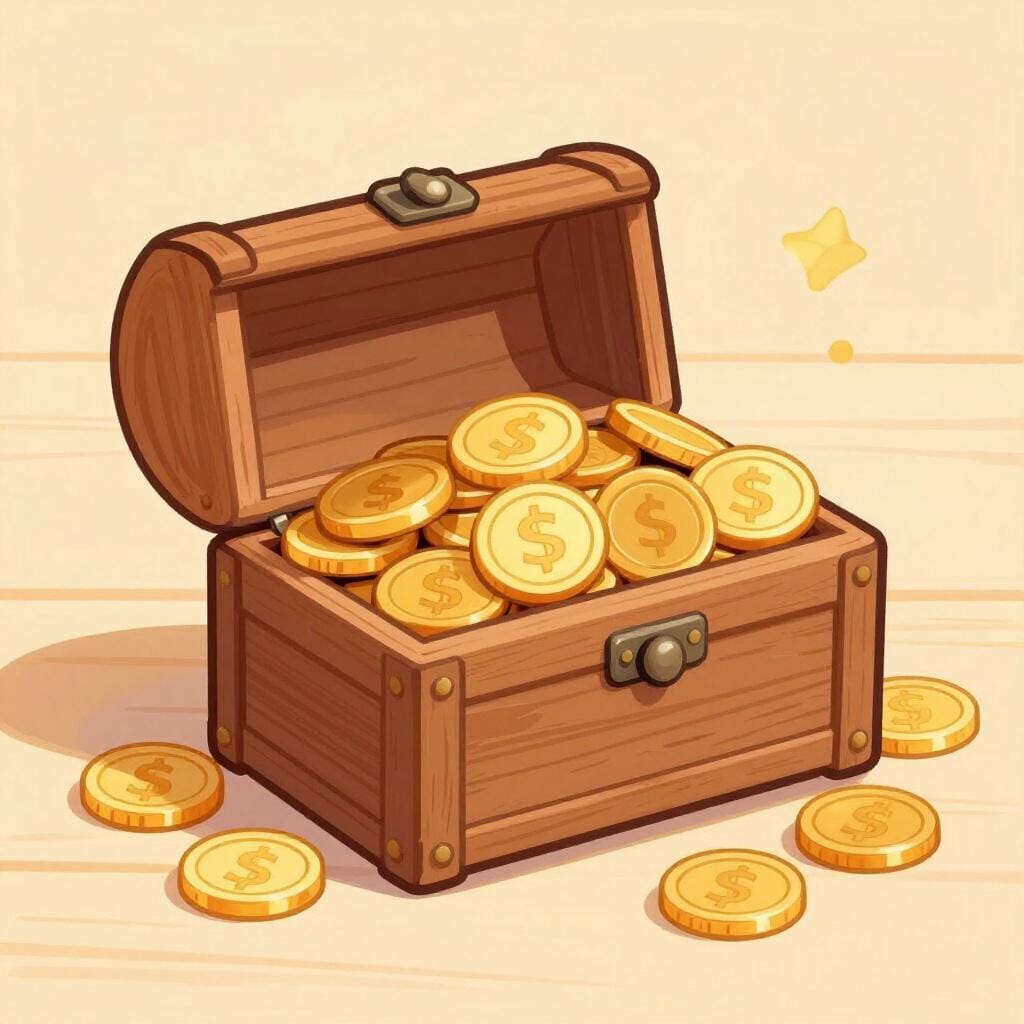A small wooden treasure chest overflowing with gold coins sitting on a wooden table.