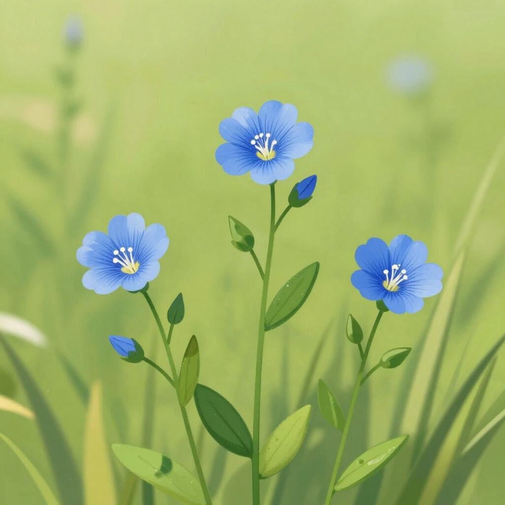 A cluster of growing flax plants with green stems and small, vibrant blue flowers.