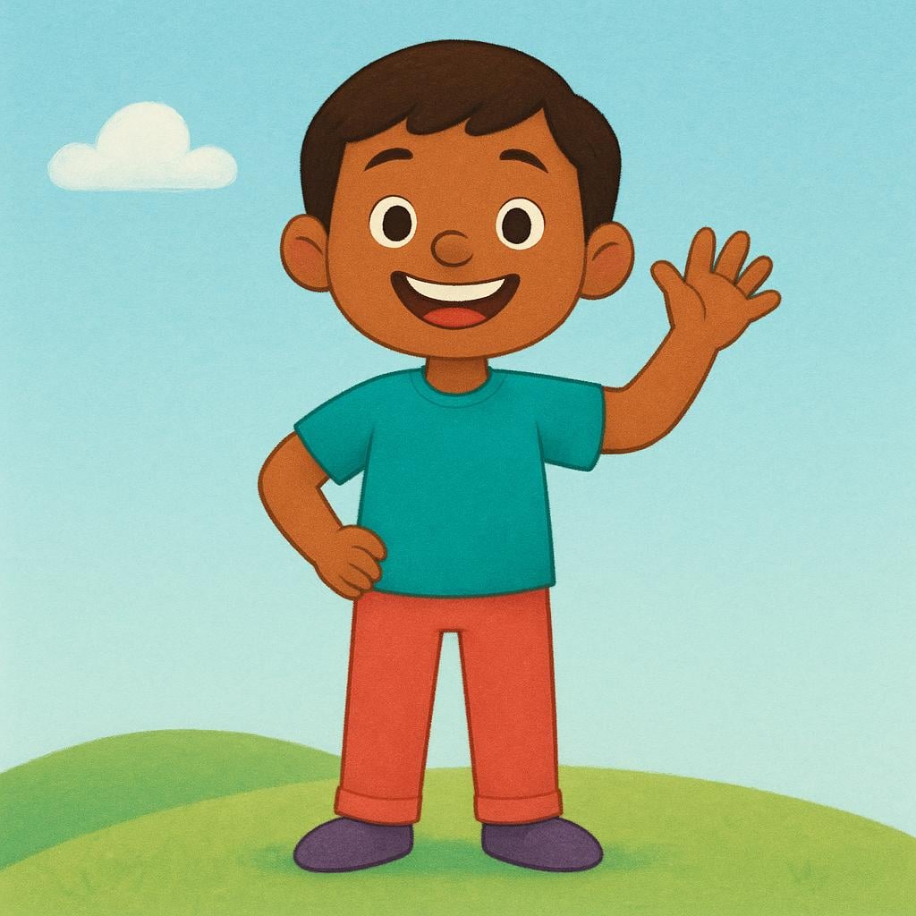 A character standing tall and confident, projecting an image of cheerfulness with a wide, bright smile.