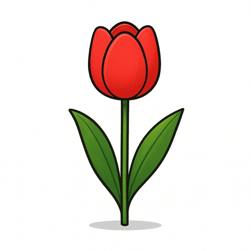 A vibrant red tulip with a green stem and leaves standing alone against a plain white background.