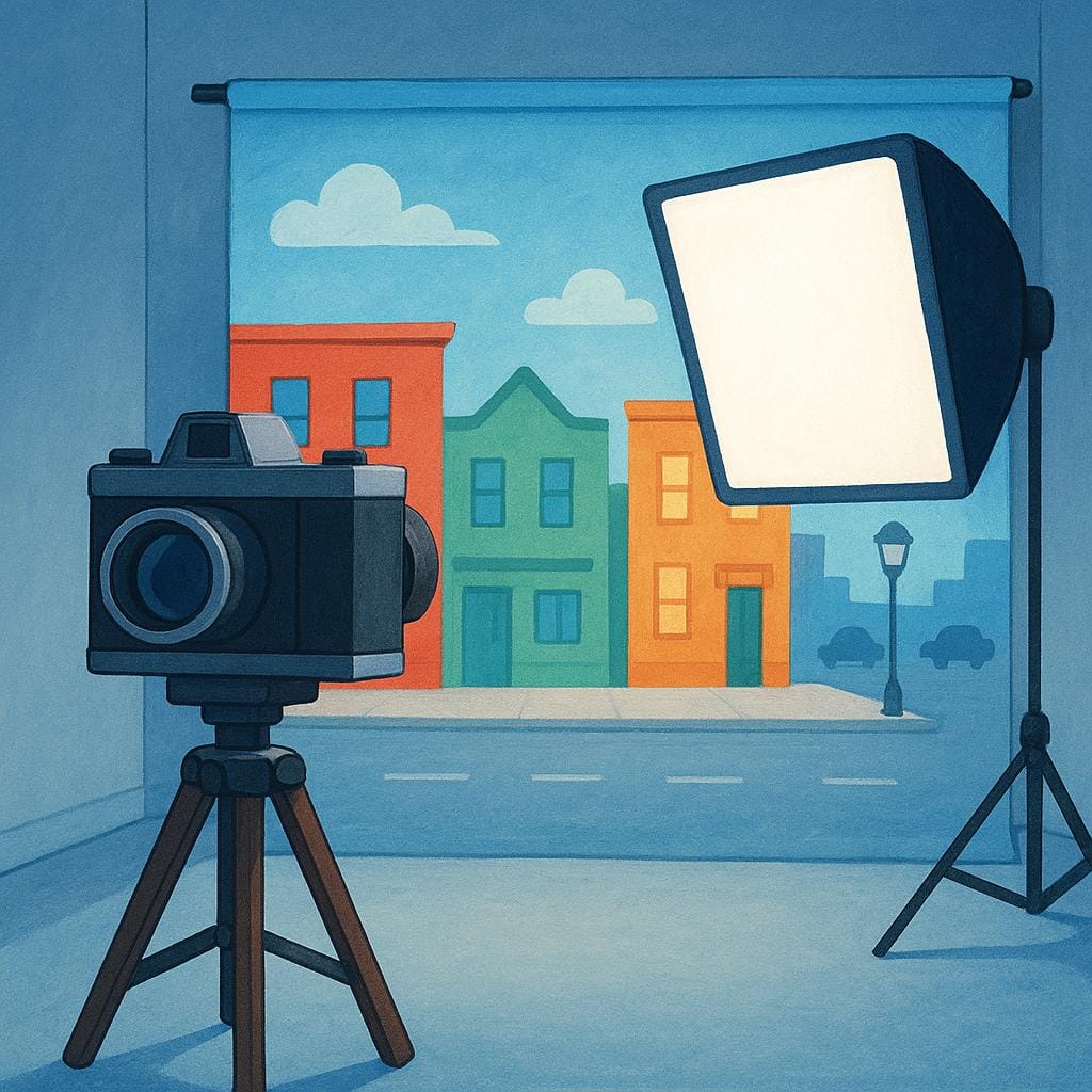 A large movie camera on a tripod is aimed at a painted studio backdrop that looks like a city street, illuminated by a massive professional studio light.