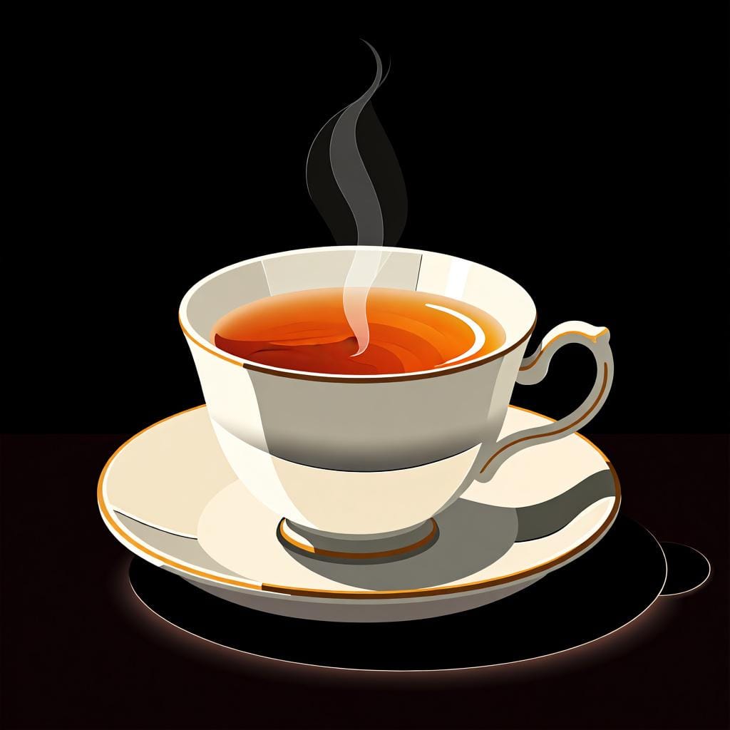 Uma xícara fumegante de chá quente pousada em um pires pequeno.