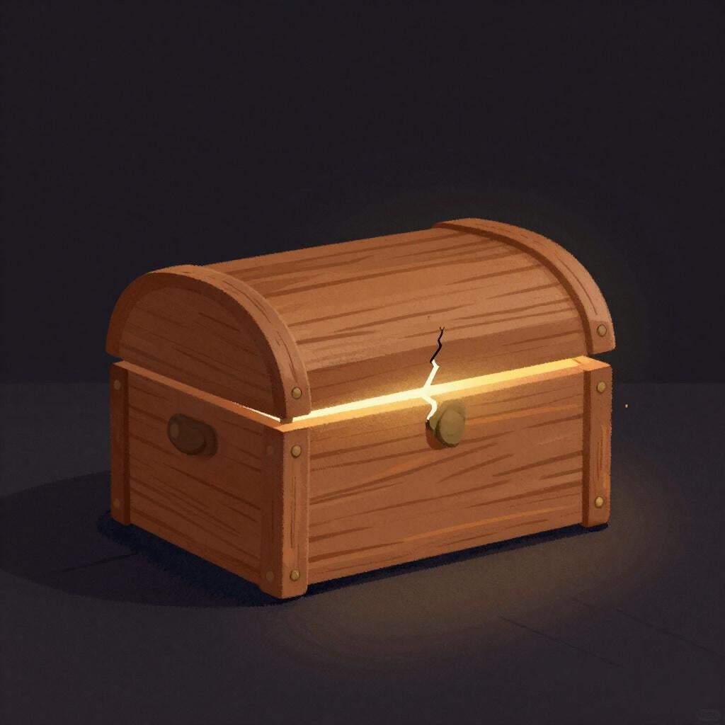 A wooden chest slightly open, emitting a soft, magical golden glow from within.