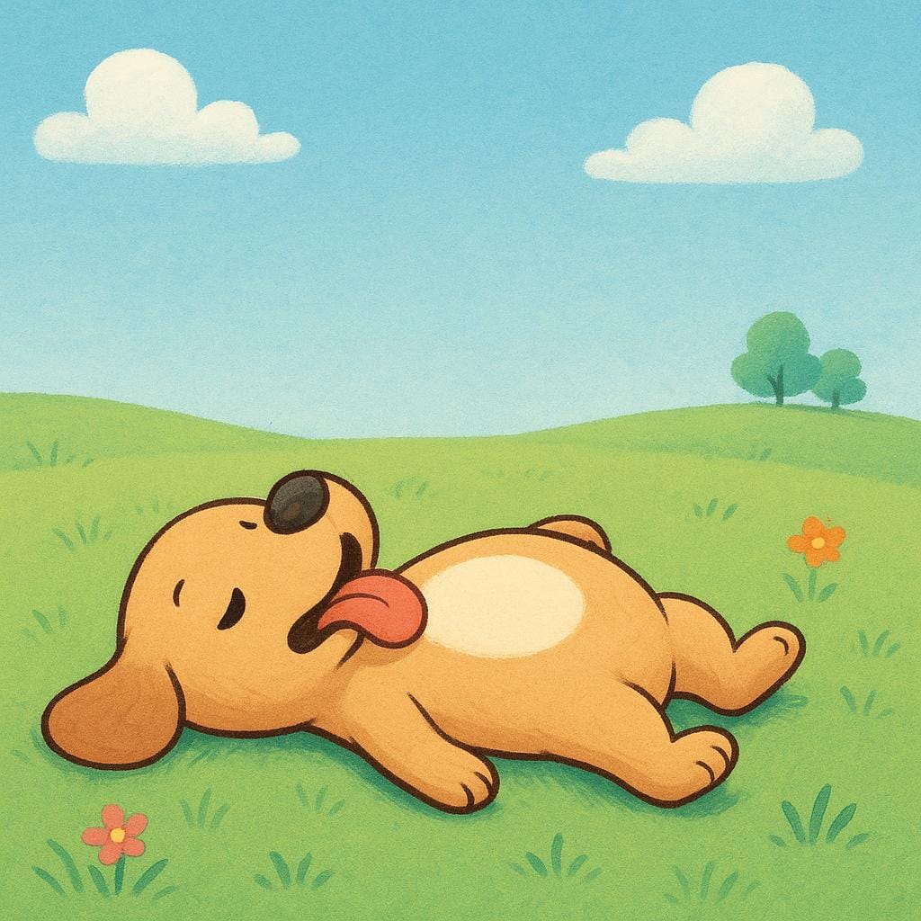 A small, friendly cartoon dog lying completely flat on its back on a grassy field, panting slightly with its eyes closed, appearing completely physically drained.