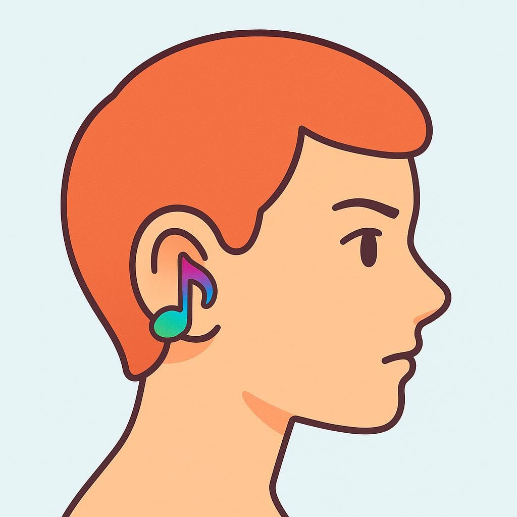 A profile illustration of a person's head, focusing on their ear, with a small, colorful musical note floating right next to it, indicating sound was received.