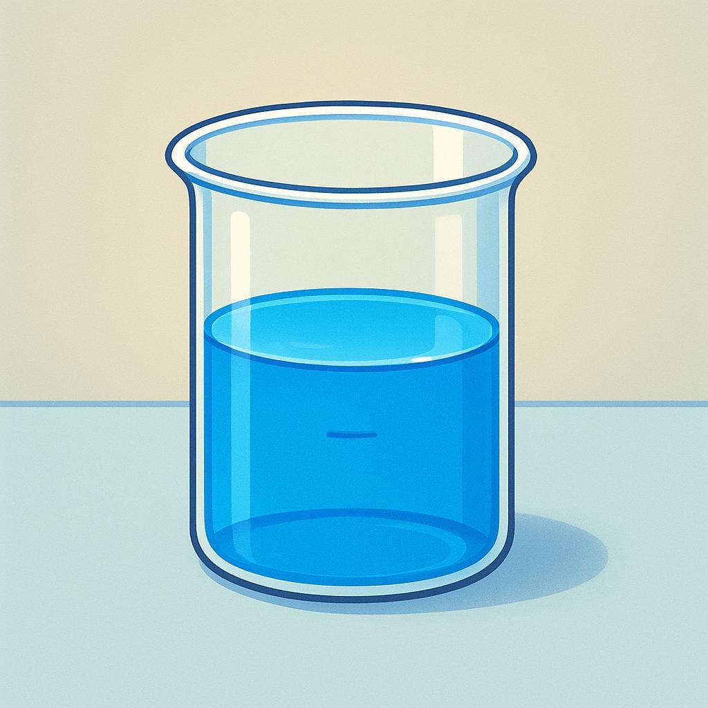 A transparent glass beaker standing on a table, partially filled halfway up with bright blue liquid.