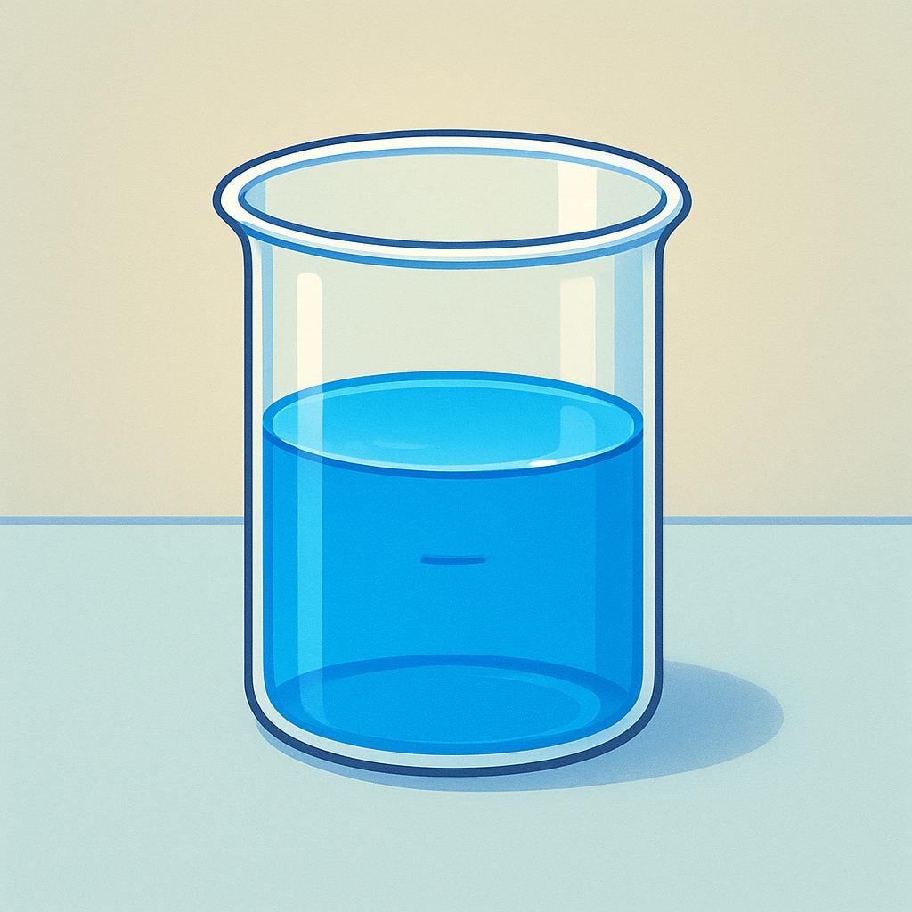 A transparent glass beaker standing on a table, partially filled halfway up with bright blue liquid.