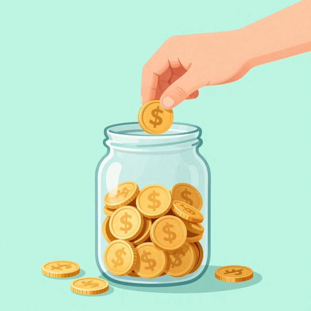 Een kind dat een gouden munt in een grote glazen pot met andere munten doet.