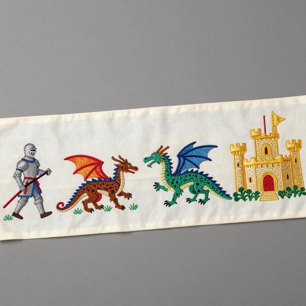 Uma tapeçaria colorida mostrando a sequência de um cavaleiro, um dragão e um castelo.
