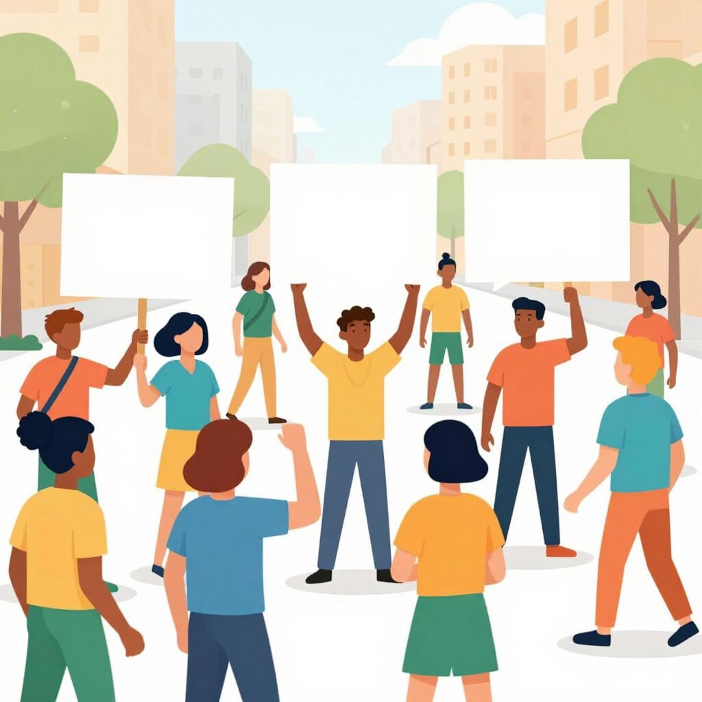 Een menigte van simpele, kleurrijke figuren die lege borden vasthouden voor een stadhuis, wat een moment van sociale verandering voorstelt.
