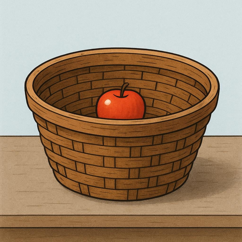 A large, rustic wooden basket sitting on a simple table, containing only one small red apple, signifying a lack or shortage.