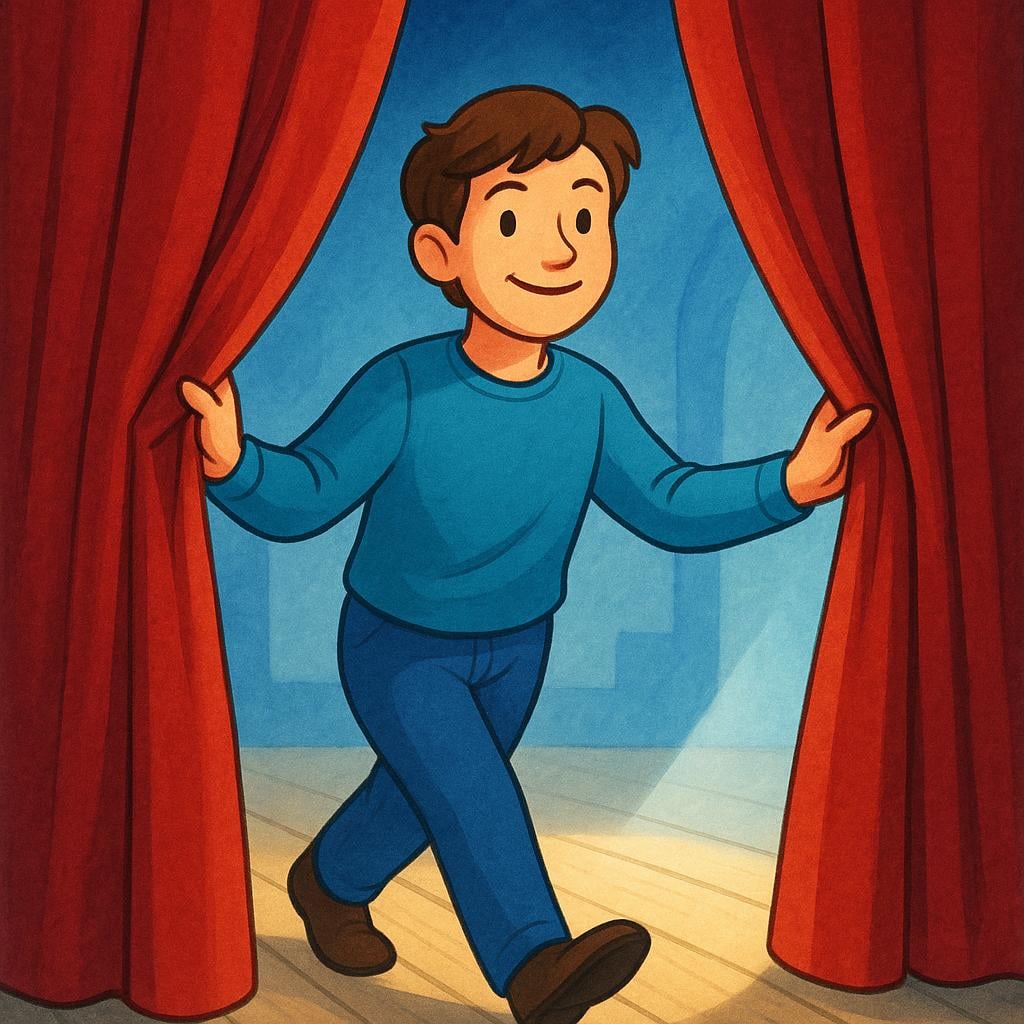 A cheerful person stepping out from behind large, red velvet stage curtains, ready to appear before an audience.