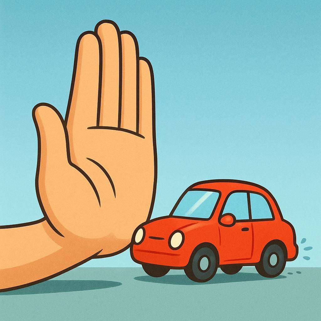 A stylized image of a large, open human hand held up facing forward, acting as a barrier. A small, simplified car is approaching the hand but is clearly stopping right before it.