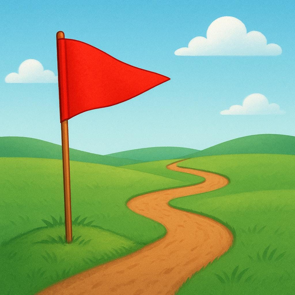 A brightly colored flag planted in the dirt, indicating the clear starting point of a winding path stretching into the distance.