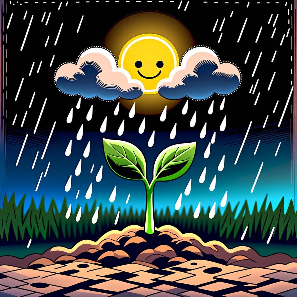 A small plant sprouting and growing because of the sun and rain.