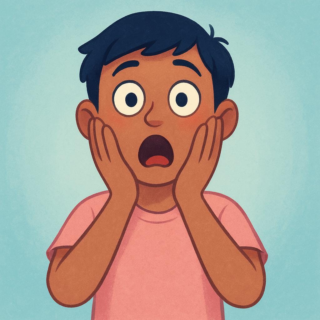 A figure stands frozen, with exaggerated wide eyes and both hands pressed to their cheeks, expressing intense shock or surprise.