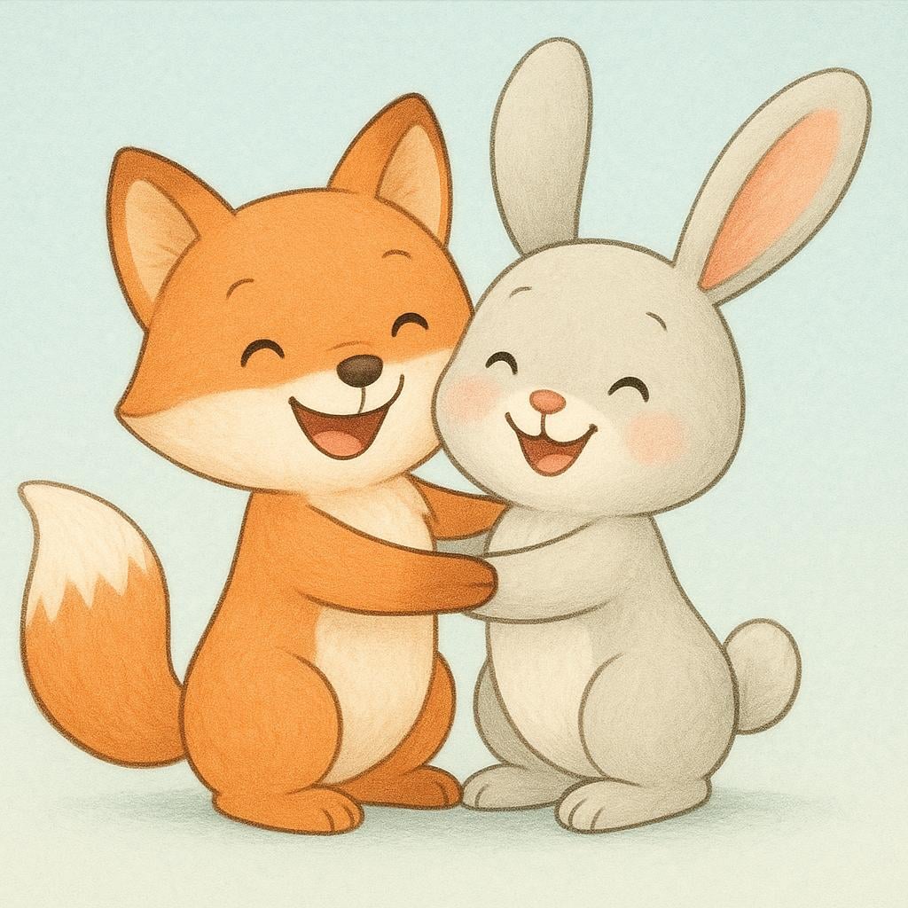 Two friends, a cartoon fox and a rabbit, are hugging tightly and smiling widely, expressing a shared feeling of happiness and warmth.