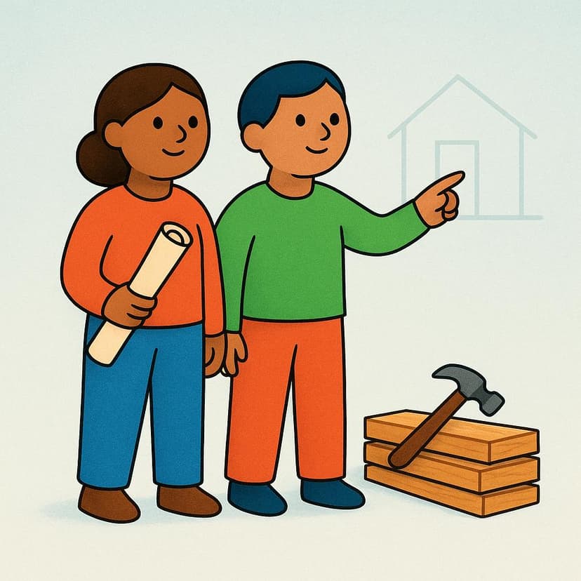 A colorful storybook illustration showing two simple, stylized figures standing next to a small stack of wooden planks and a hammer. They look poised and ready to begin a construction project.