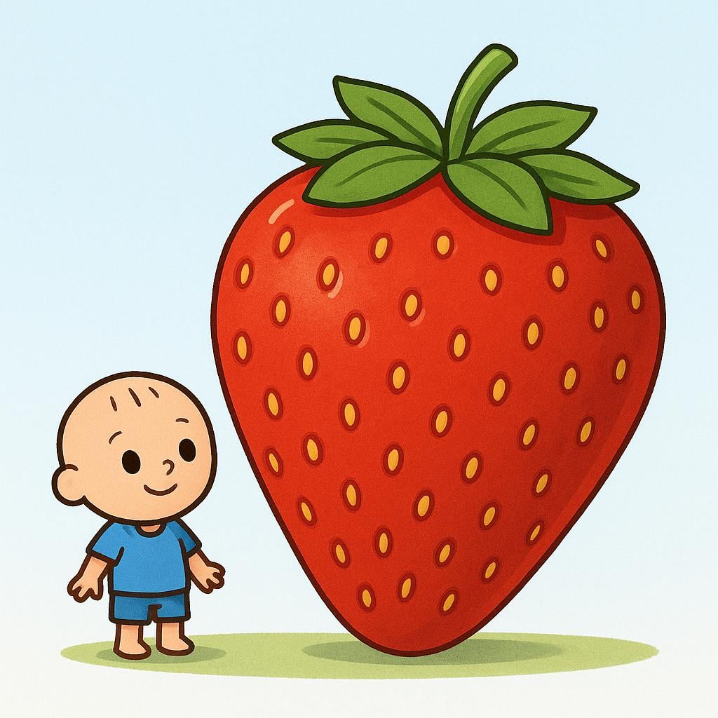 A very small cartoon character standing next to a massive, oversized, brightly colored strawberry, emphasizing its extreme size.