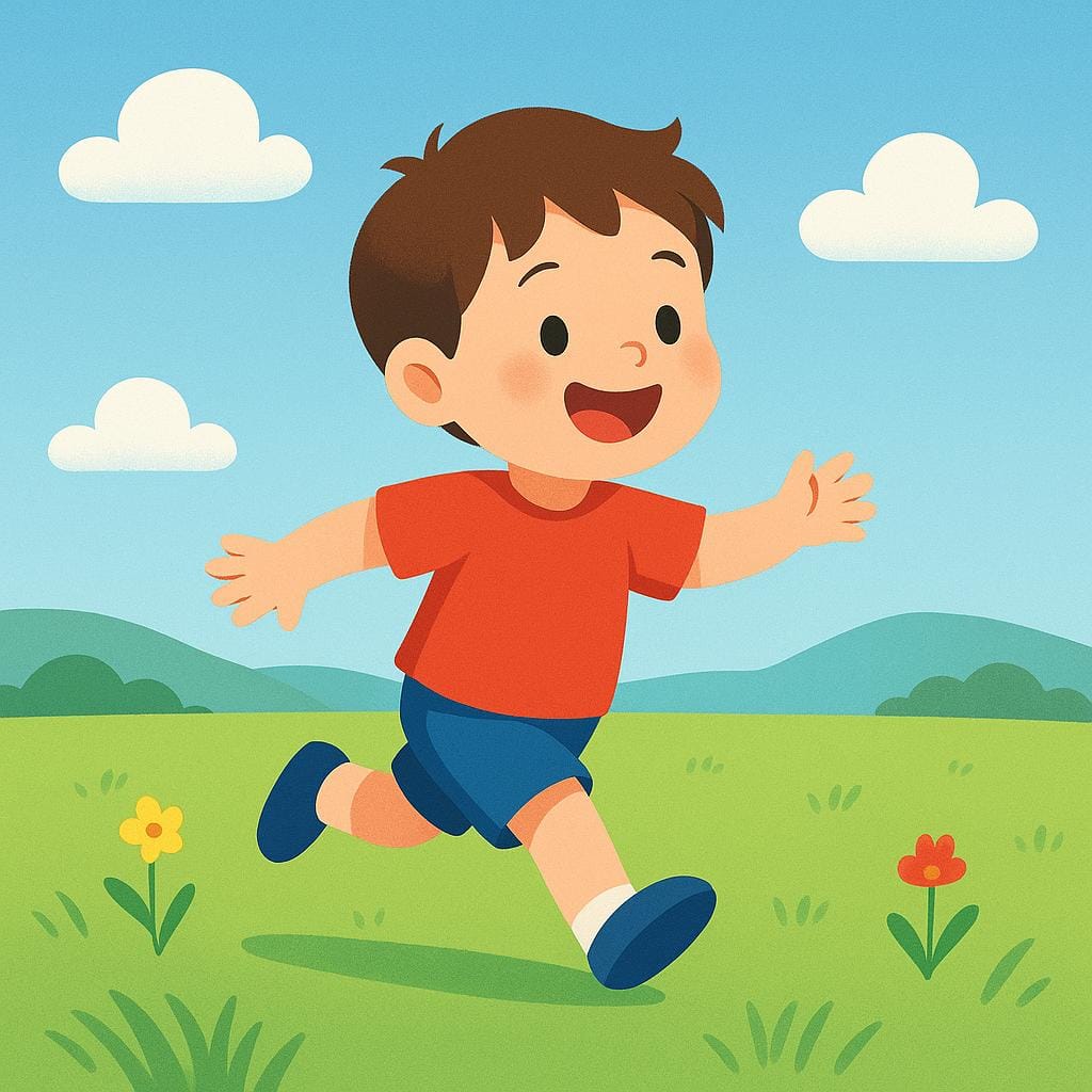 A storybook illustration of a small, cheerful child running quickly across a vibrant green field under a blue sky.