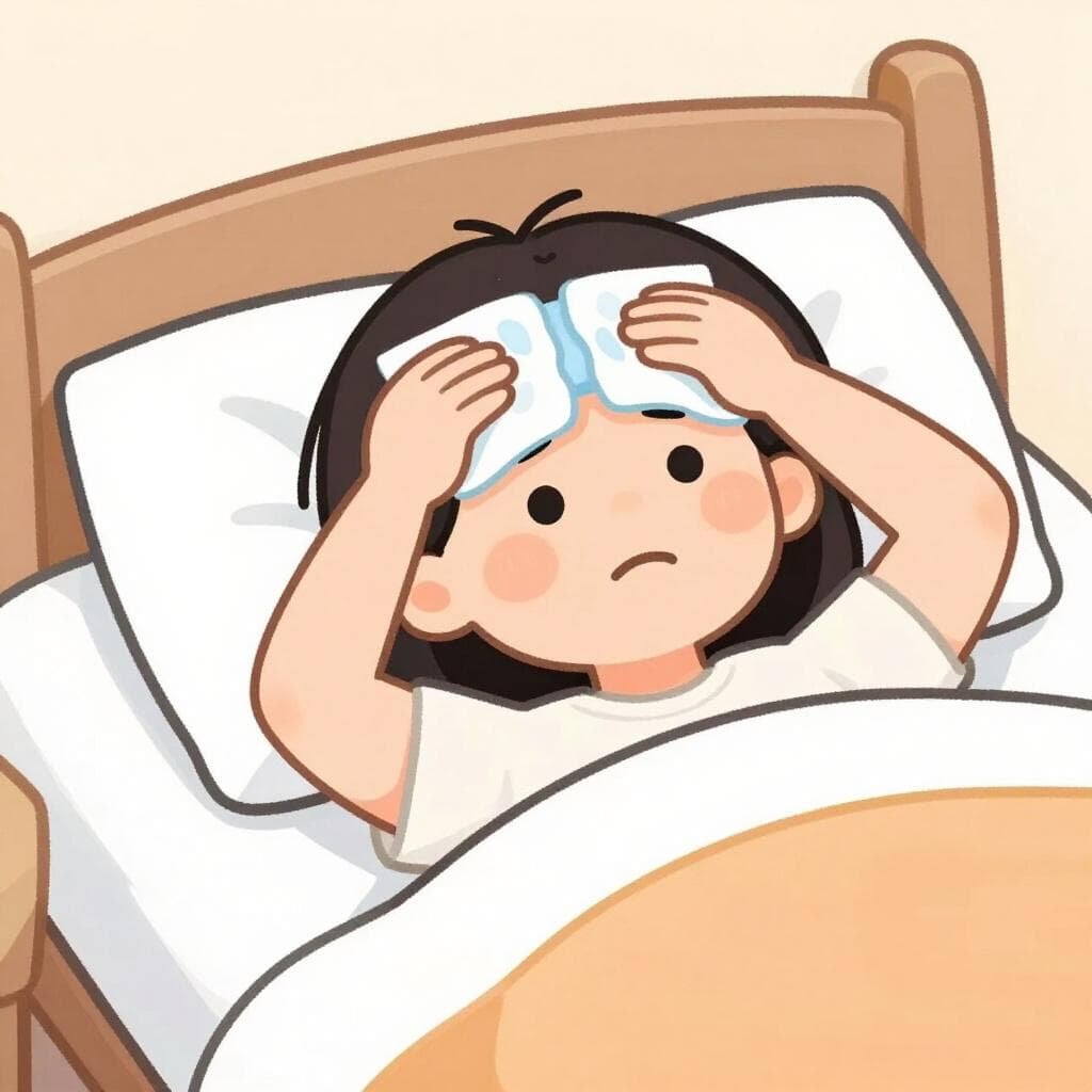 A person resting in bed with a cold compress on their forehead, looking slightly dazed and flushed.