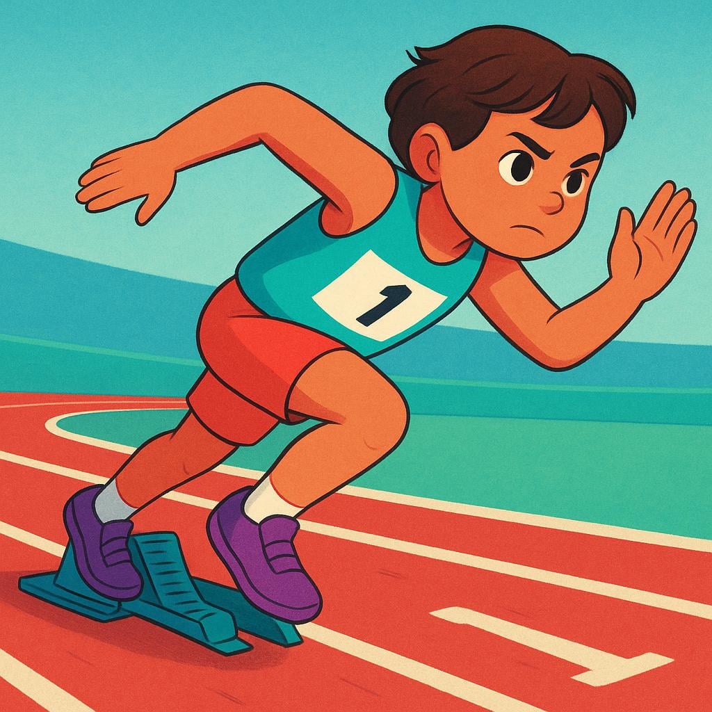 A colorful storybook illustration of a young runner pushing off the starting block, taking the very first step of a race, symbolizing the beginning of an action.