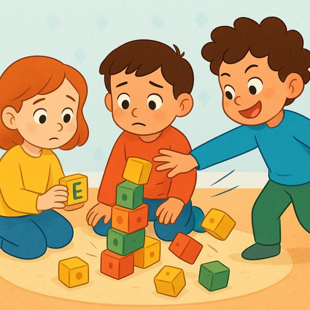 An illustration showing two characters concentrating on stacking wooden blocks, while a third character rudely pushes their hand into the stack, causing it to fall.