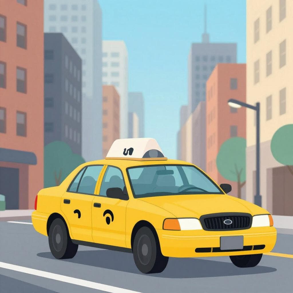 A classic yellow taxi cab driving through a city street with tall skyscrapers in the background.