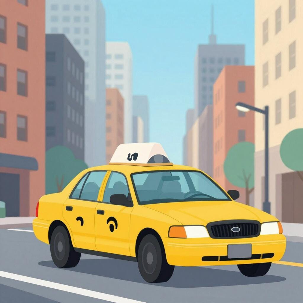 A classic yellow taxi cab driving through a city street with tall skyscrapers in the background.