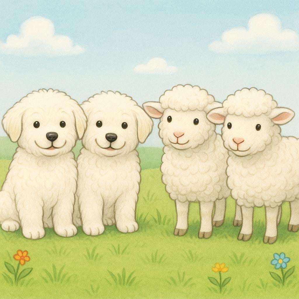 Two fluffy white puppies are standing directly next to two small, fluffy white sheep in a green meadow, emphasizing how much the puppies resemble the sheep.