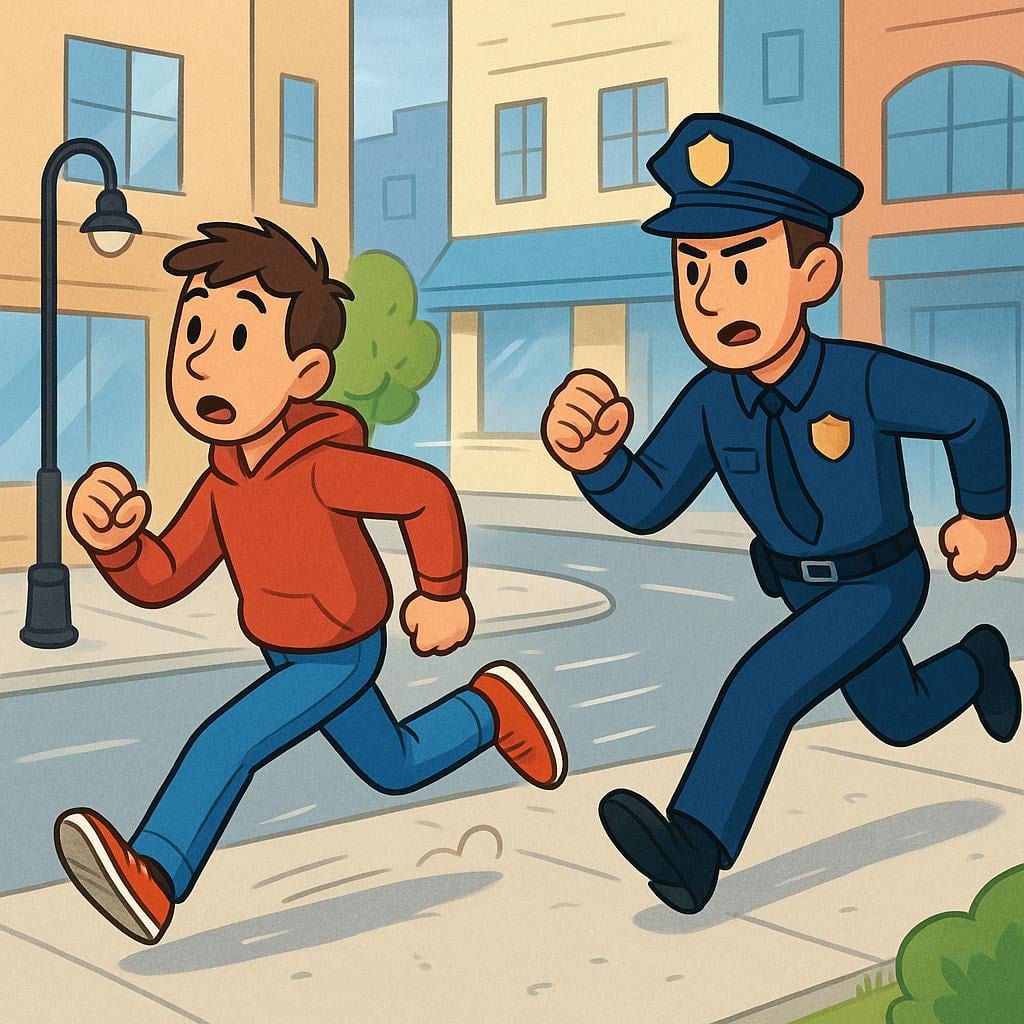 A colorful illustration showing a police officer vigorously chasing a civilian down a street, emphasizing the high-speed pursuit.