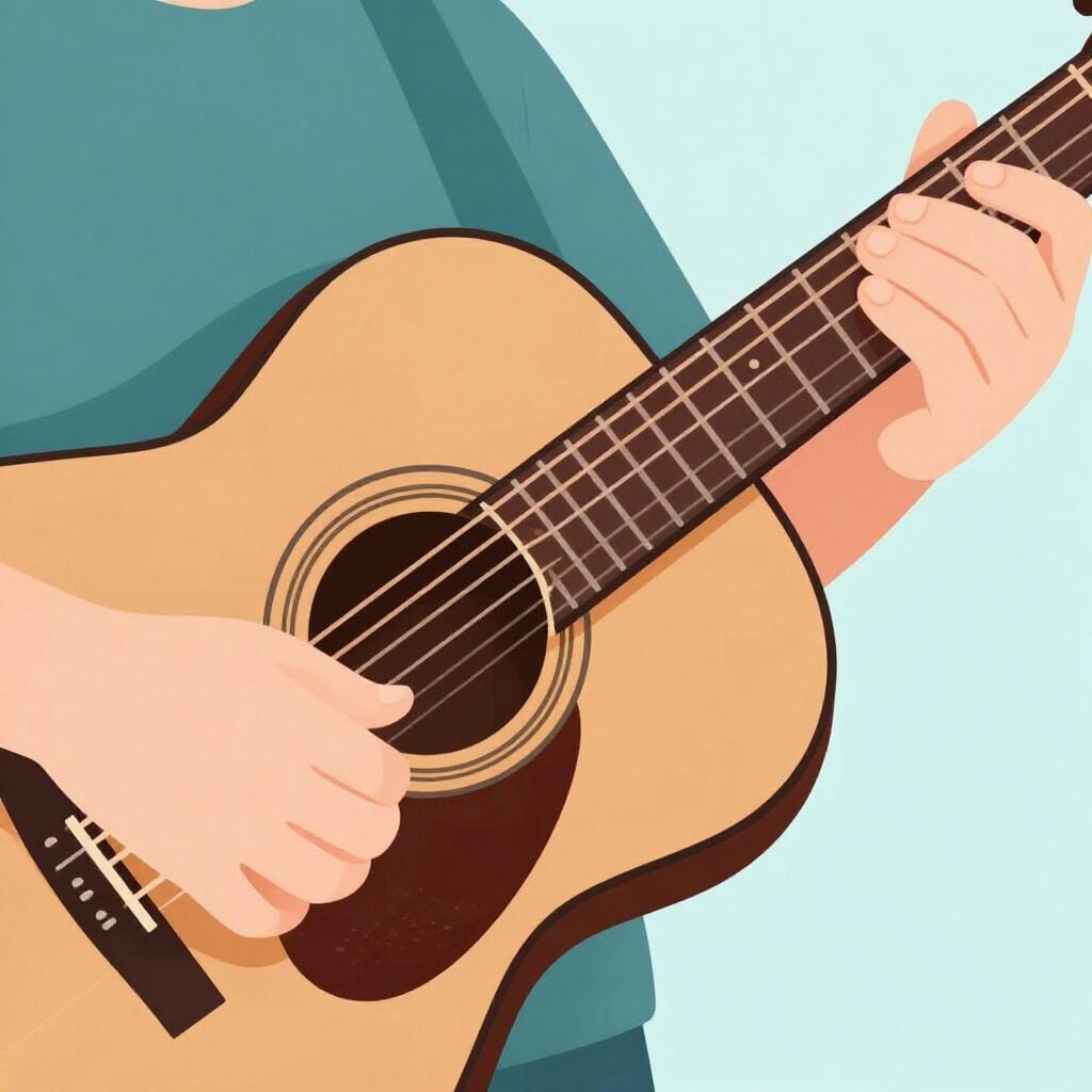 A hand sweeping across the strings of an acoustic guitar in a strumming motion.