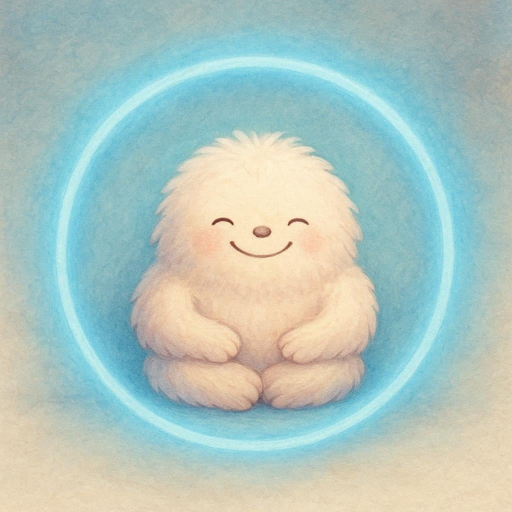A small, relaxed character sitting happily and securely inside a soft, glowing, circular boundary, symbolizing an abstract zone like a comfort zone.