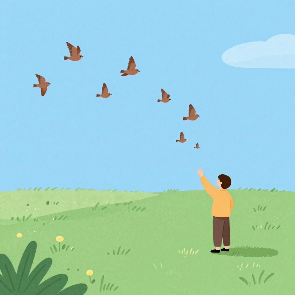 Ein kleiner Vogel fliegt von einer Person weg, die mit den Armen winkt.