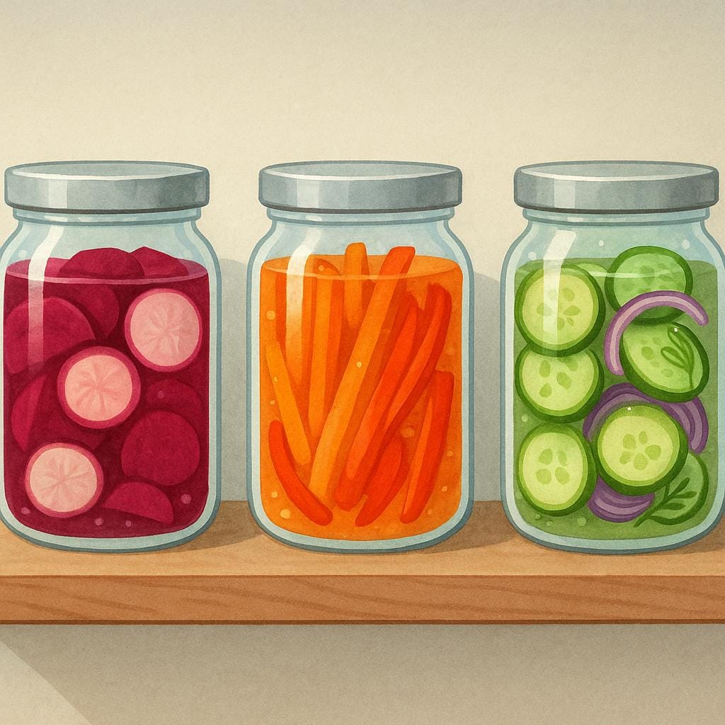 Several glass jars of colorful preserved vegetables, such as pickles and carrots, lined up neatly on a rustic wooden shelf.