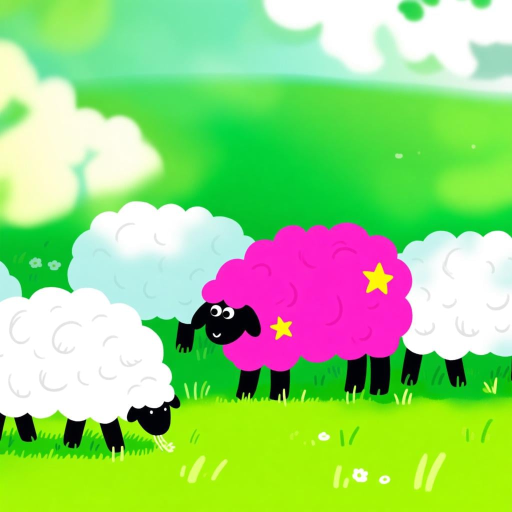 A flock of fluffy white sheep grazing in a field, with one sheep that is vividly bright pink, highlighting its unusual appearance.