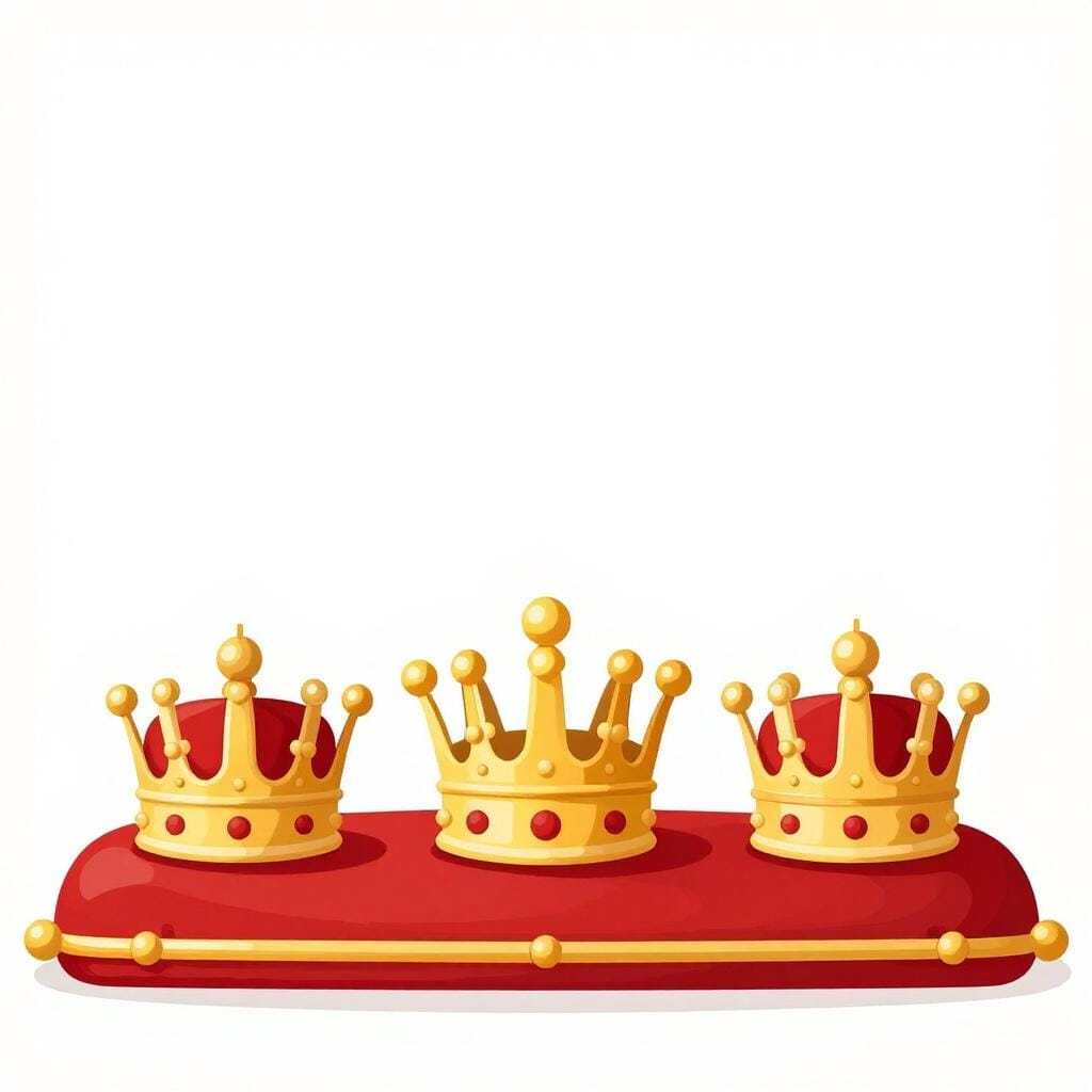 Une rangée de plusieurs couronnes royales de différents modèles, placées côte à côte sur un long coussin de velours.
