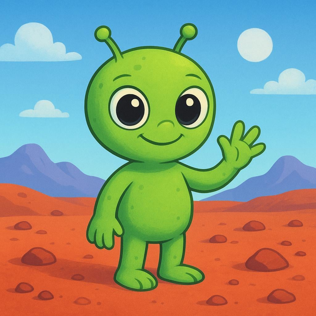 A cute, small green alien creature with large black eyes standing on a desolate, red rocky surface, implying it is from another planet.