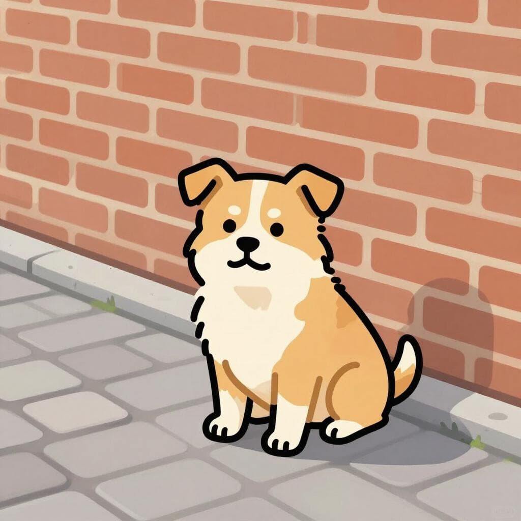 A friendly scruffy dog sitting on a cobblestone city sidewalk.