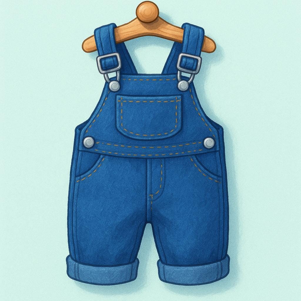 Eine klassische blaue Jeanslatzhose mit Metallschnallen, ordentlich an einem Holzhaken hängend.