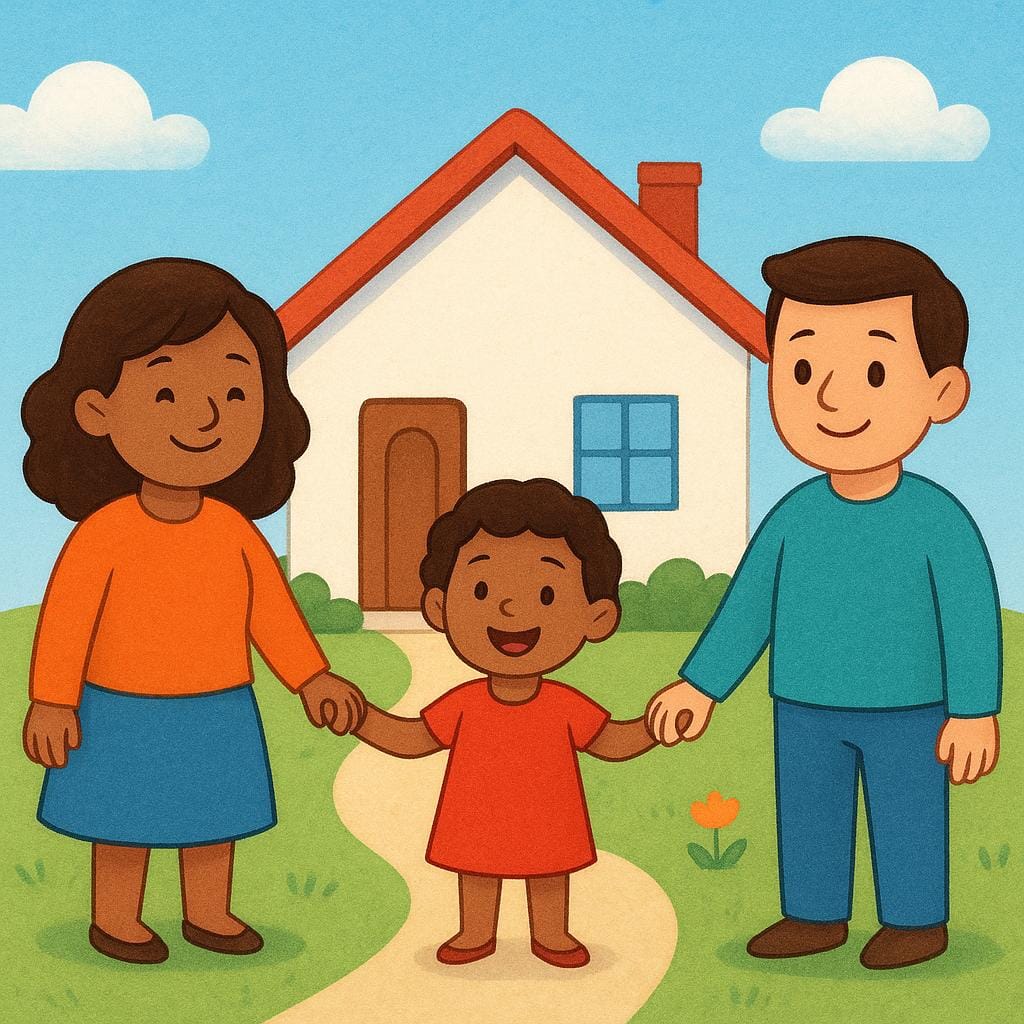 A colorful illustration of a small family unit, consisting of two adults and one child, holding hands and smiling in front of a simple, stylized house.