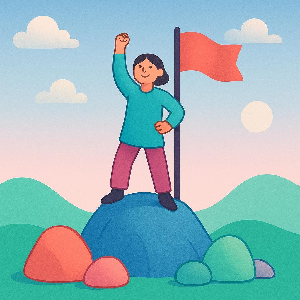 明るい色の様式化された山の頂上に立つ小さな人影が、片手を挙げて勝利を宣言している。