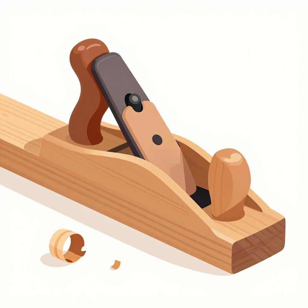 A wooden plank being smoothed by a hand plane tool, with small wood shavings curling up.