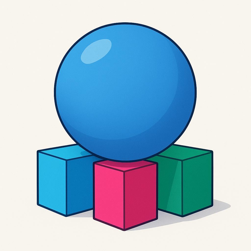 A simple illustration showing a large blue sphere balanced stably atop three smaller, brightly colored rectangular blocks, symbolizing justifications supporting a conclusion.