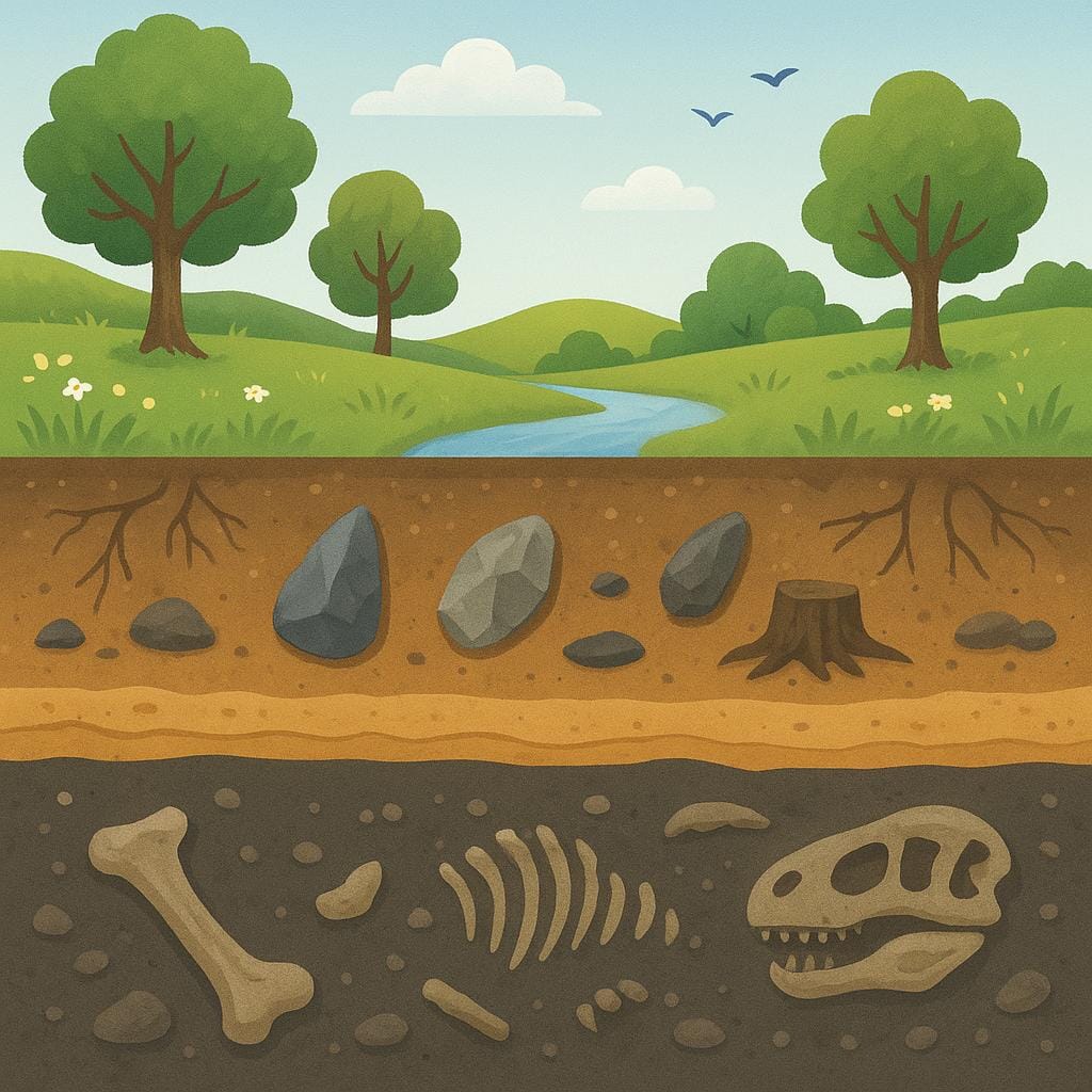 A visual representation of geological time, showing a vertical cross-section of the earth with distinct layers, featuring dinosaurs in the bottom layer, and ancient ruins in the layer above it, symbolizing different ages.